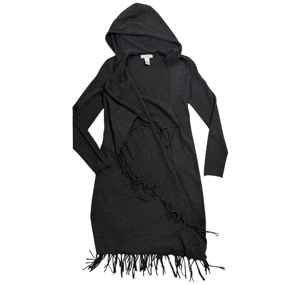 Kenar Cardigan Women Small Gray Fringe Hooded Open Front Wool Blend Long Sweater